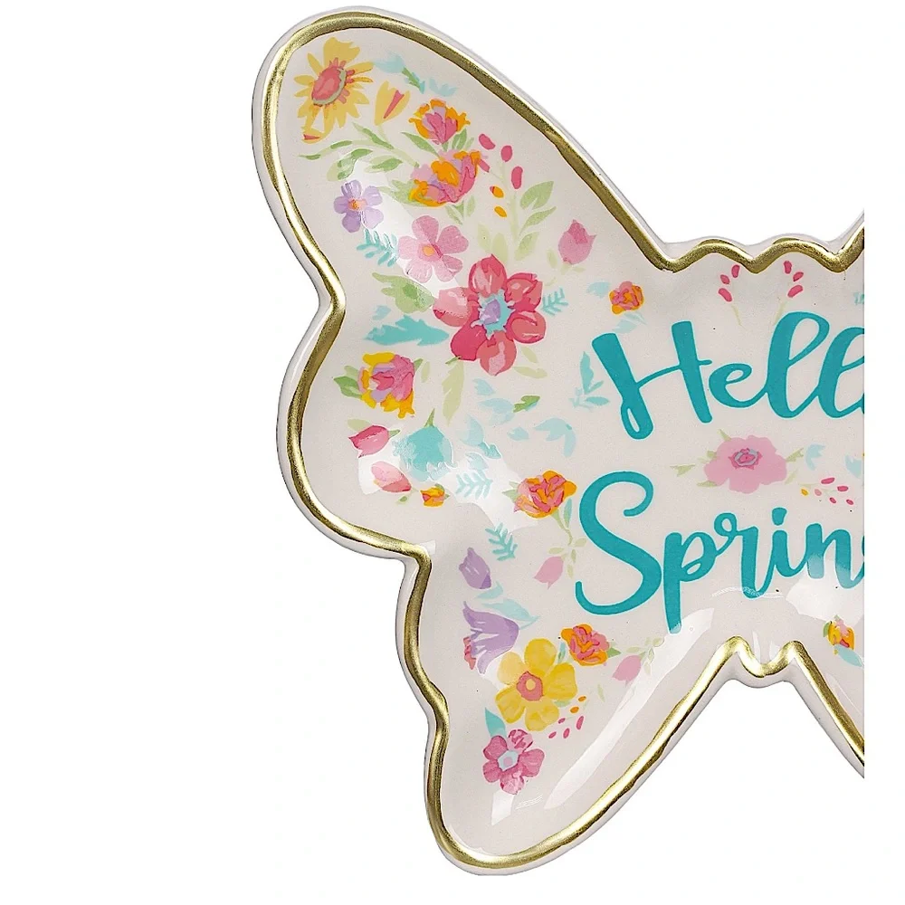 🆕 Pioneer Woman Ceramic Butterfly Spring Floral Plate Decor w/ Gold Trim